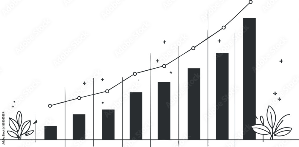 Poster a simple black and white growth chart illustrating data trends and progress in business analytics. b