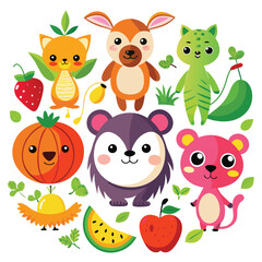 Obraz premium Cute cartoon animals and fruits arranged in a circle, with happy expressions.