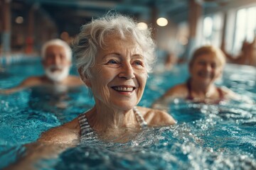 Fototapeta premium Happy senior woman swims in pool with friends, smiling brightly. Showcasing active aging and the joy of staying healthy later in life.