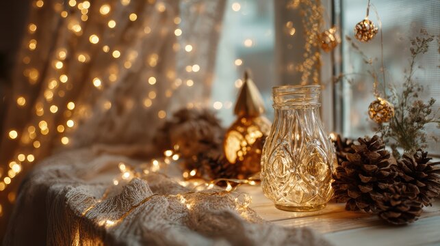 Christmas Diwali Decoration Warm and Radiant Window Sill Scene Featuring Pine Cones, Glass Vase, Candle, Fairy Lights, and Cozy Ambiance Ideal for Seasonal Marketing or RelaxationFocused.