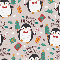 Vector Christmas seamless pattern with cute penguins and Christmas tree. Perfect for Christmas paper, fabric and gift designs