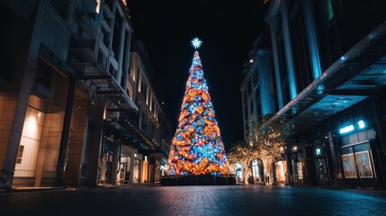 Breathtaking Nightscape A Glowing Christmas Tree Illuminates a City Street, Perfect for Seasonal Marketing and Festive Projects Inspires Holiday Cheer and Nostalgia.