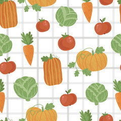 Vector seamless pattern with vegetables with checkered background. Suitable for wrapping paper, packages, bags, kitchen textiles and packaging.