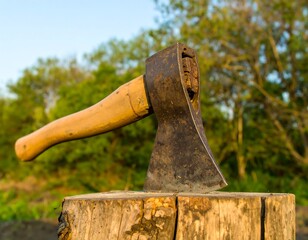 Rustic axe head on stump, sunlight