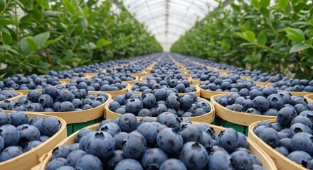 Fresh ripe blueberries in baskets on farm rows