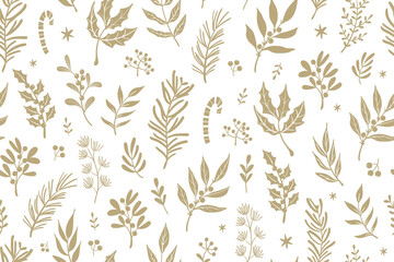 Vector golden floral seamless pattern with spruce, pine branches, leaves, berries and twigs on white background. Perfect for Christmas paper, fabric and gift designs