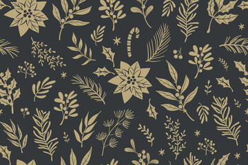 Vector golden floral seamless pattern with spruce, pine branches, leaves, berries and twigs on black background. Perfect for Christmas paper, fabric and gift designs