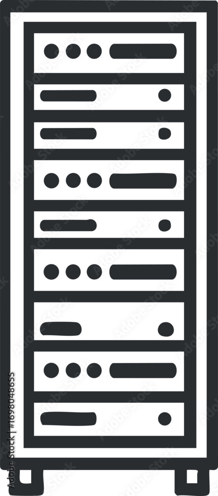 Poster illustration of a server rack representing data storage and network infrastructure in technology. bl