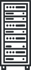 Illustration of a server rack representing data storage and network infrastructure in technology. Black on transparent background.