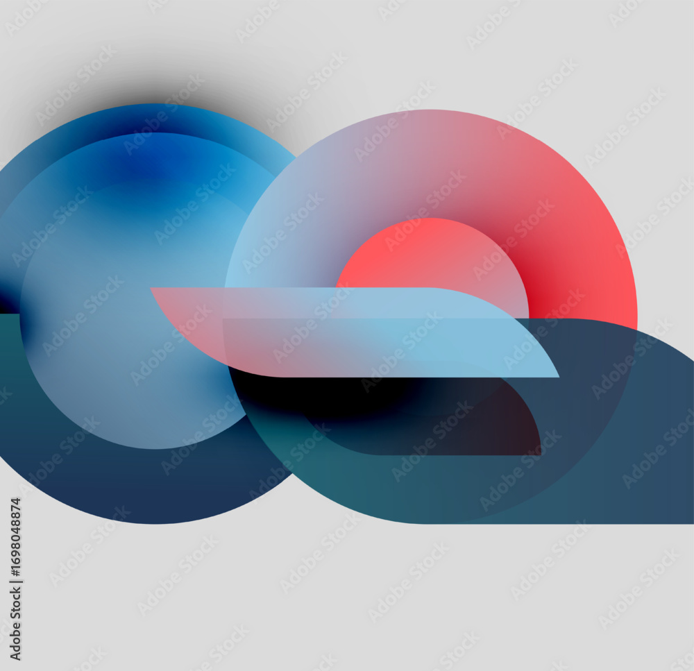 Poster abstract composition. overlapping circles, rectangles create dynamic visual effect. blue, red hues d