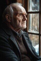 A lonely old man sits by a window in a dimly lit room. Soft light from outside creates shadows on his somber, nostalgic face in this contemplative medium shot.