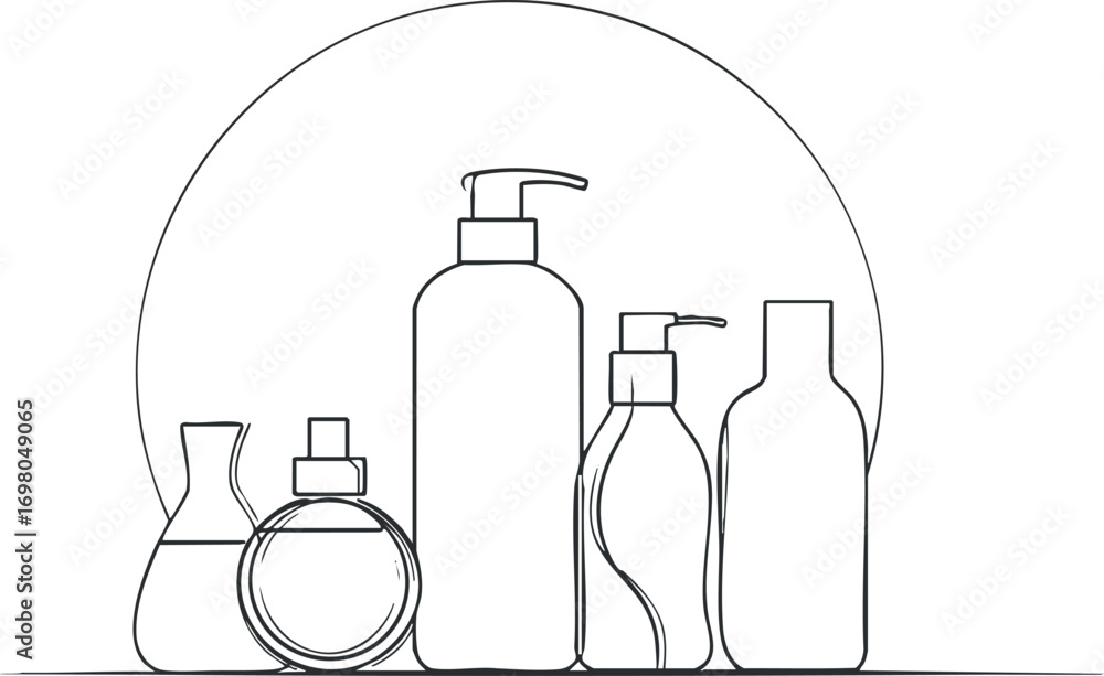 Poster stylized outline of various cosmetic bottles and containers arranged in a minimalist design. black o