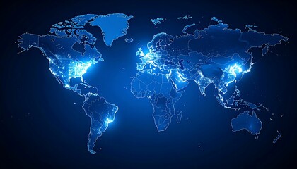 A glowing, stylized world map depicts populated areas with bright blue light against a dark background, highlighting urban centers