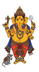 PNG cut out isolated background. A colorful graphic illustration of the Hindu god Lord Ganesha standing with his vahana, a small mouse.