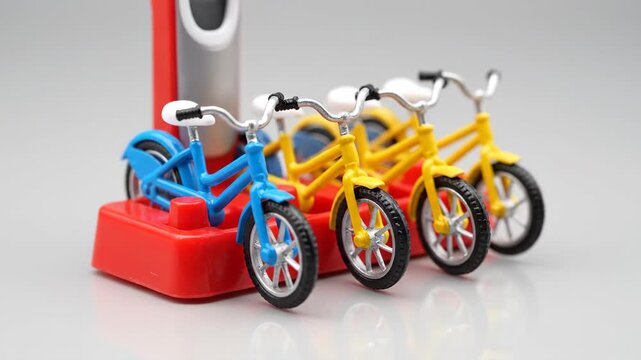 Miniature Bicycles Are Docked at a Simulated Rental Station During the Daytime, With Blue and Yellow Bikes