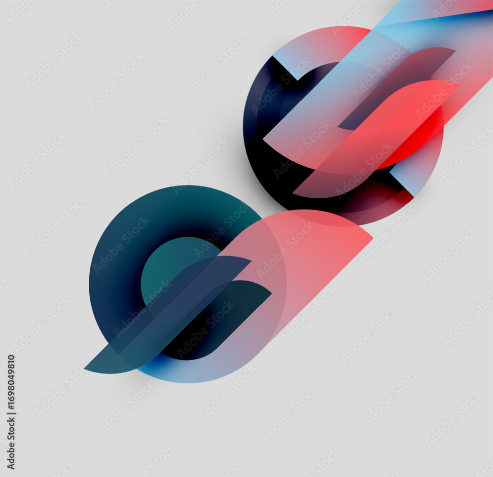 Poster abstract shapes overlap, creating dynamic composition. red, blue, teal hues blend against gray backg