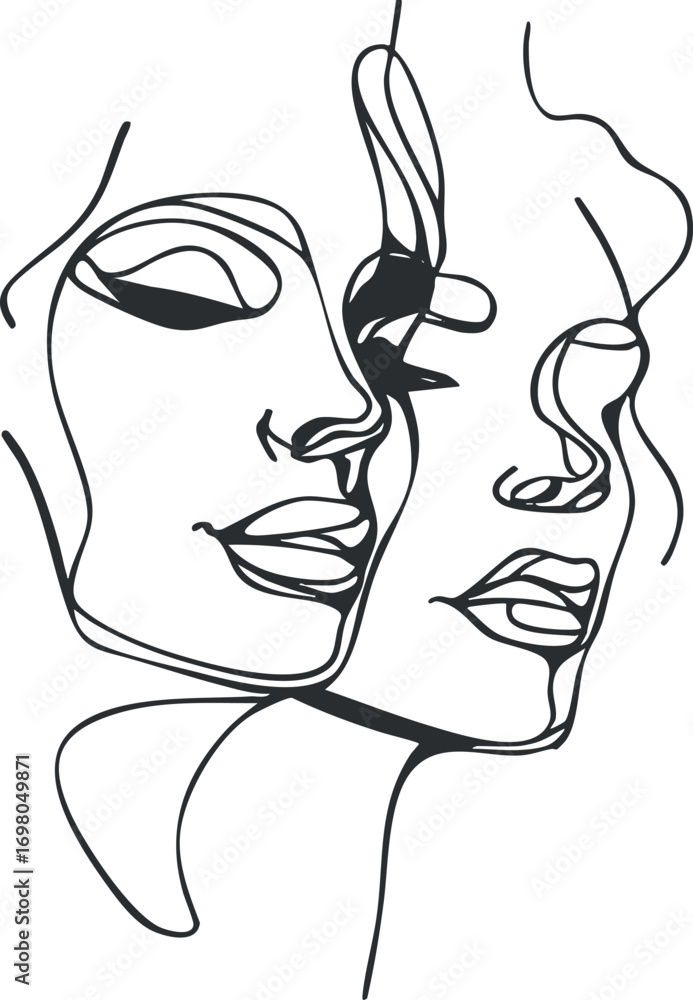 Aufkleber abstract line drawing of two interconnected faces representing emotion and connection in art. black 