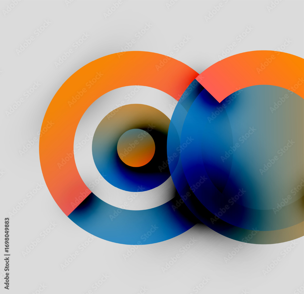 Poster abstract design features overlapping circles. orange, white, blue hues create dynamic visual effect.