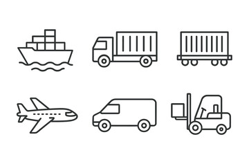 Logistics icons: ship, truck, trailer, airplane, van, forklift in line art