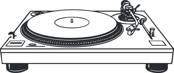 Illustration of a turntable showcasing its design and features for music enthusiasts. Black on transparent background.