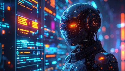 A futuristic robot stands before a complex system of glowing digital displays.