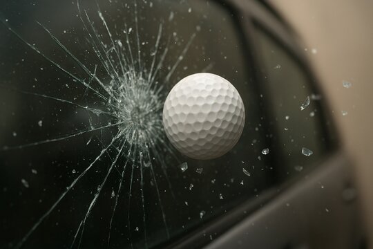 cracked car window hit by a golf ball showing shattered glass and strong impact