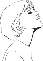 Stylish lineart portrait of a woman showcasing elegance and contemporary beauty in minimalistic design. Black on transparent background.