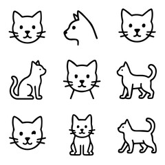 Nine Black Outline Cat Icons in Various Poses and Headshots.
