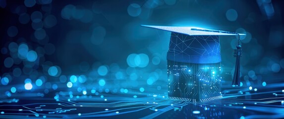 Futuristic AI education design with a sleek low-poly graduation cap. Glowing vibrant blue digital chip, blurred edges, modern abstract composition.