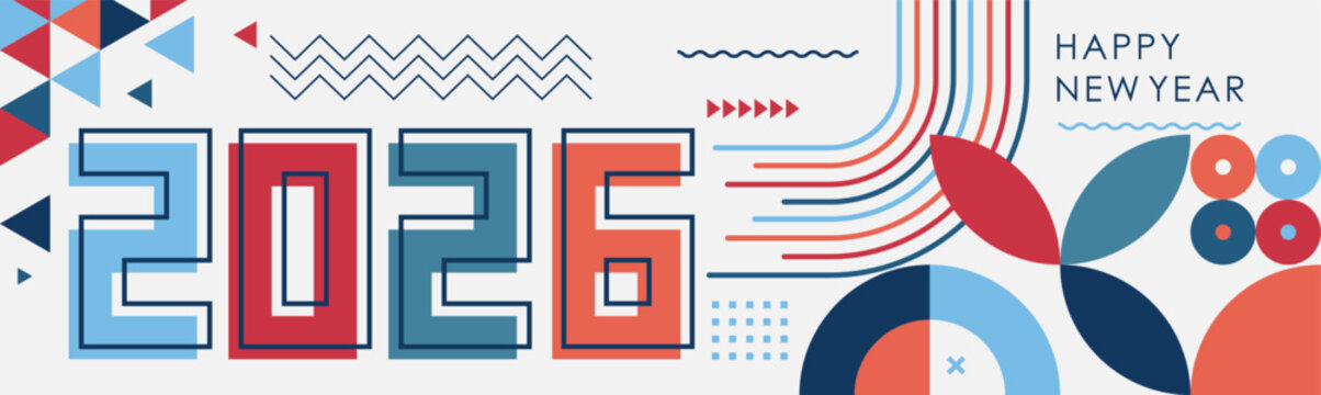 happy new year 2026 text design with modern calligraphy and abstract geometric background style. Creative Greeting card banner for 2026 colorful flat numbers. Latest Vector illustration.