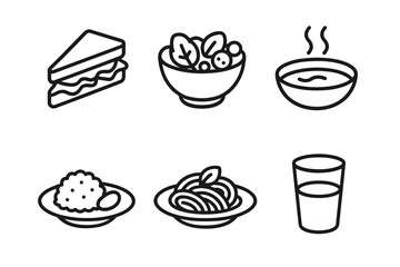 Line art icons of sandwich, salad, soup, rice, pasta, and water glass