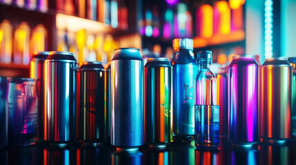 Colorful cans and bottles showcase vibrant hues in a blurred, neon ambiance.
