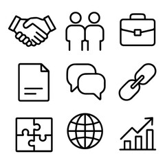Nine Bold Line Icons Depicting Business Collaboration and Growth.
