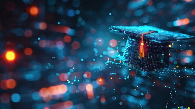 Floating glowing low-poly digital graduation hat in cool blue AI tech. Abstract blurred edges, balanced composition of futuristic education.