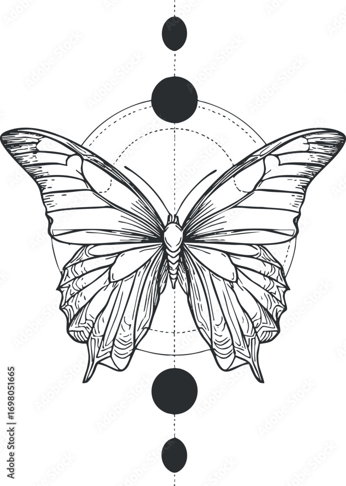 Poster a detailed line art illustration of a butterfly with geometric elements and circular patterns. black