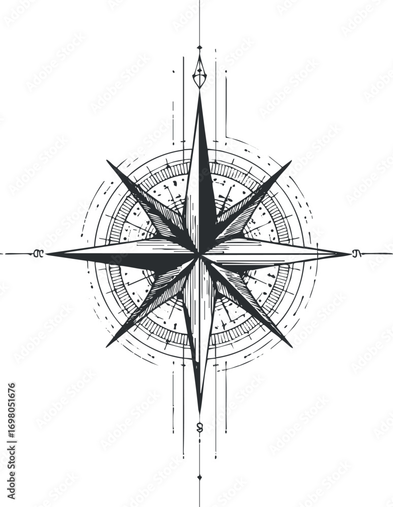 Poster intricate black and white compass design symbolizing navigation and exploration in artistic style. b