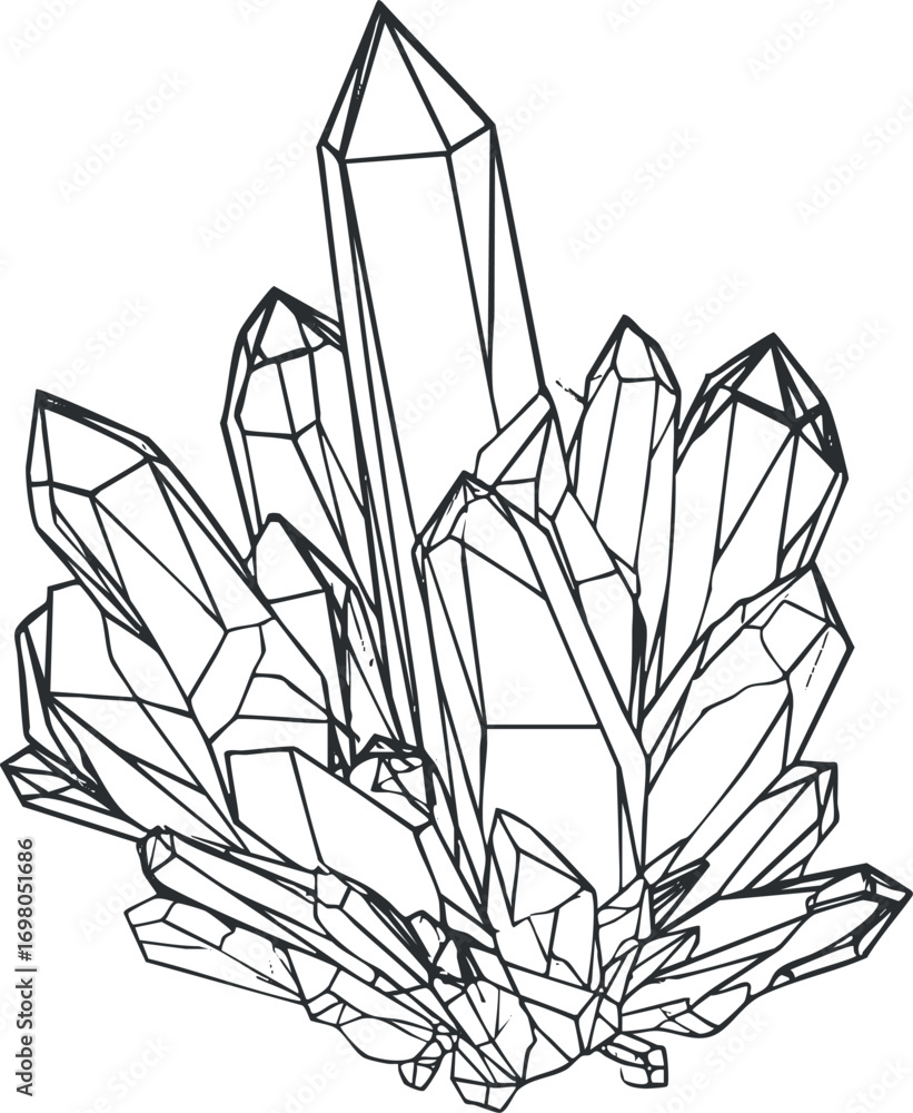 Aufkleber geometric line art illustration of a crystal cluster with sharp edges and intricate shapes. black on