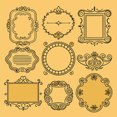 Collection of ornate vintage frames and borders on a yellow background.