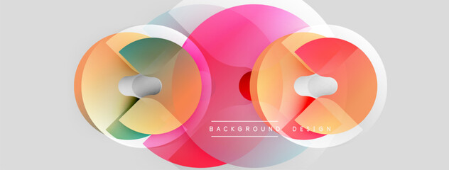 Abstract circles overlap, creating vibrant pink, orange, blue hues. Light gray background provides contrast, modern design element.