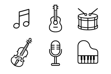 Obraz premium Musical instrument icons - guitar, drums, violin, microphone, piano, note