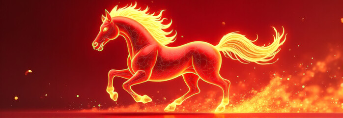 The banner is a fiery red horse on a black background. the symbol of the year 2026. Chinese New Year