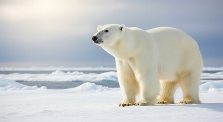Fototapeta premium A majestic polar bear stands on a vast, icy landscape under a bright, overcast sky.