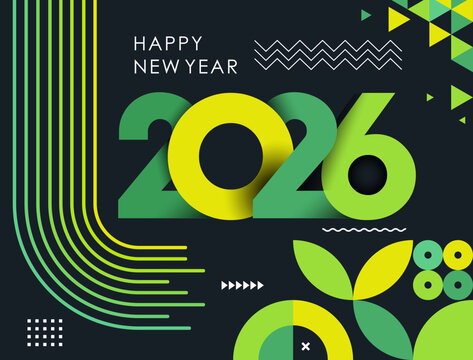 happy new year 2026 text design with modern calligraphy and dark background style. Creative Greeting card banner for 2026 clean energy colorful vegan green yellow lines. Latest Vector illustration.