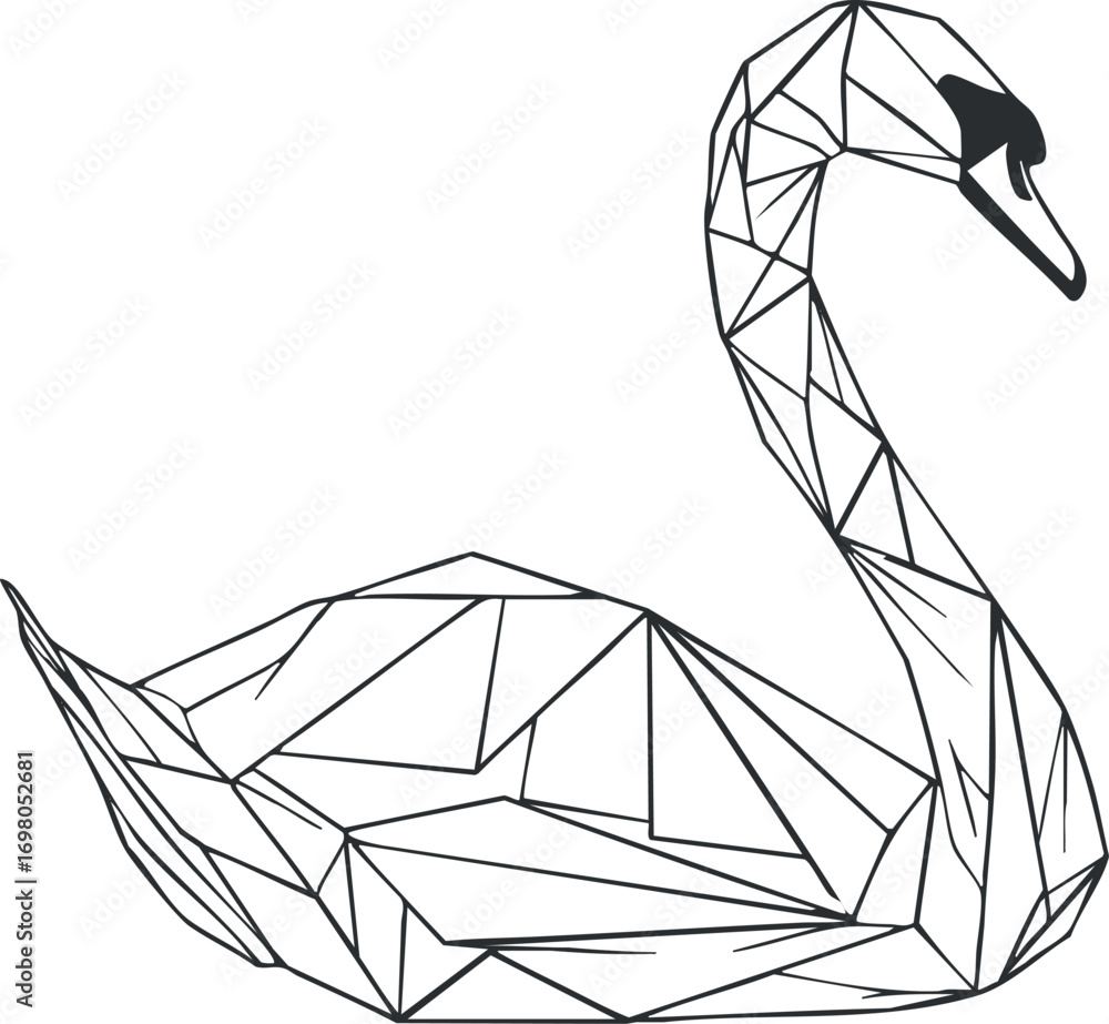 Poster a geometric polygon design of an elegant swan in minimalist line art style. black on transparent bac