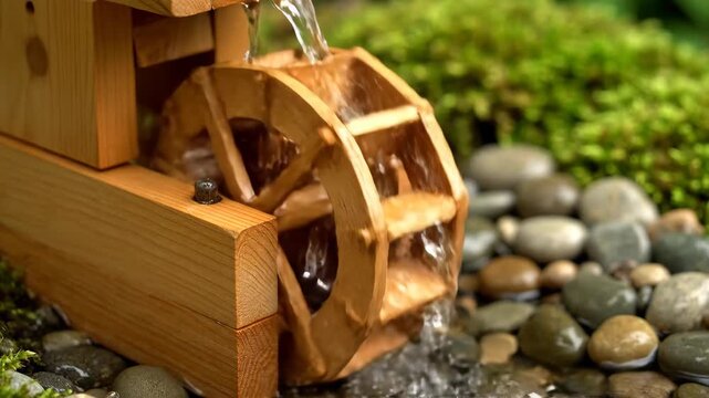 Water Pours Onto Wooden Waterwheel in Zen Garden, Turning Mechanism in Nature Setting, Small Pebbles and Green Moss Background