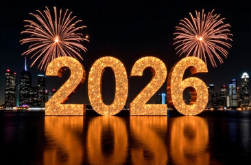 the numbers 2026 on the background of fireworks at night in the city. New Year's Eve celebration. greeting card	