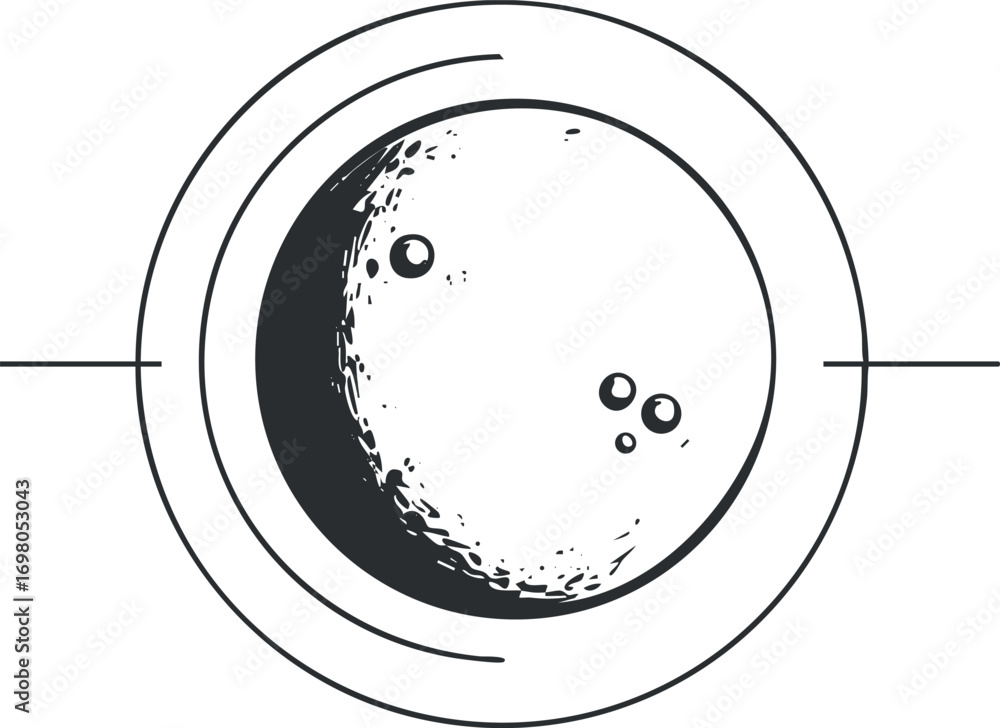 Poster illustration of a stylized moon within a circular design representing space and astronomy. black on 
