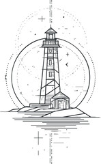 A minimalist line art illustration of a lighthouse surrounded by a circular design. Black on transparent background.