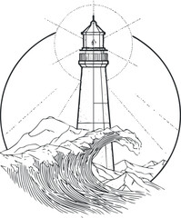 A detailed monochrome illustration of a lighthouse surrounded by crashing waves and mountains. Black on transparent background.