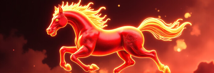 The banner is a fiery red horse on a black background. the symbol of the year 2026. Chinese New Year